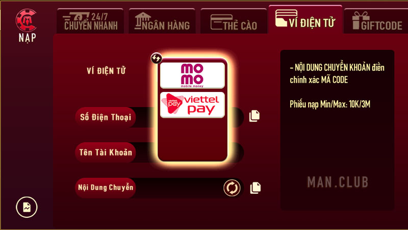 nap tien momo de dang Nạp tiền qua Momo vô cùng dễ dàng tại Manclub